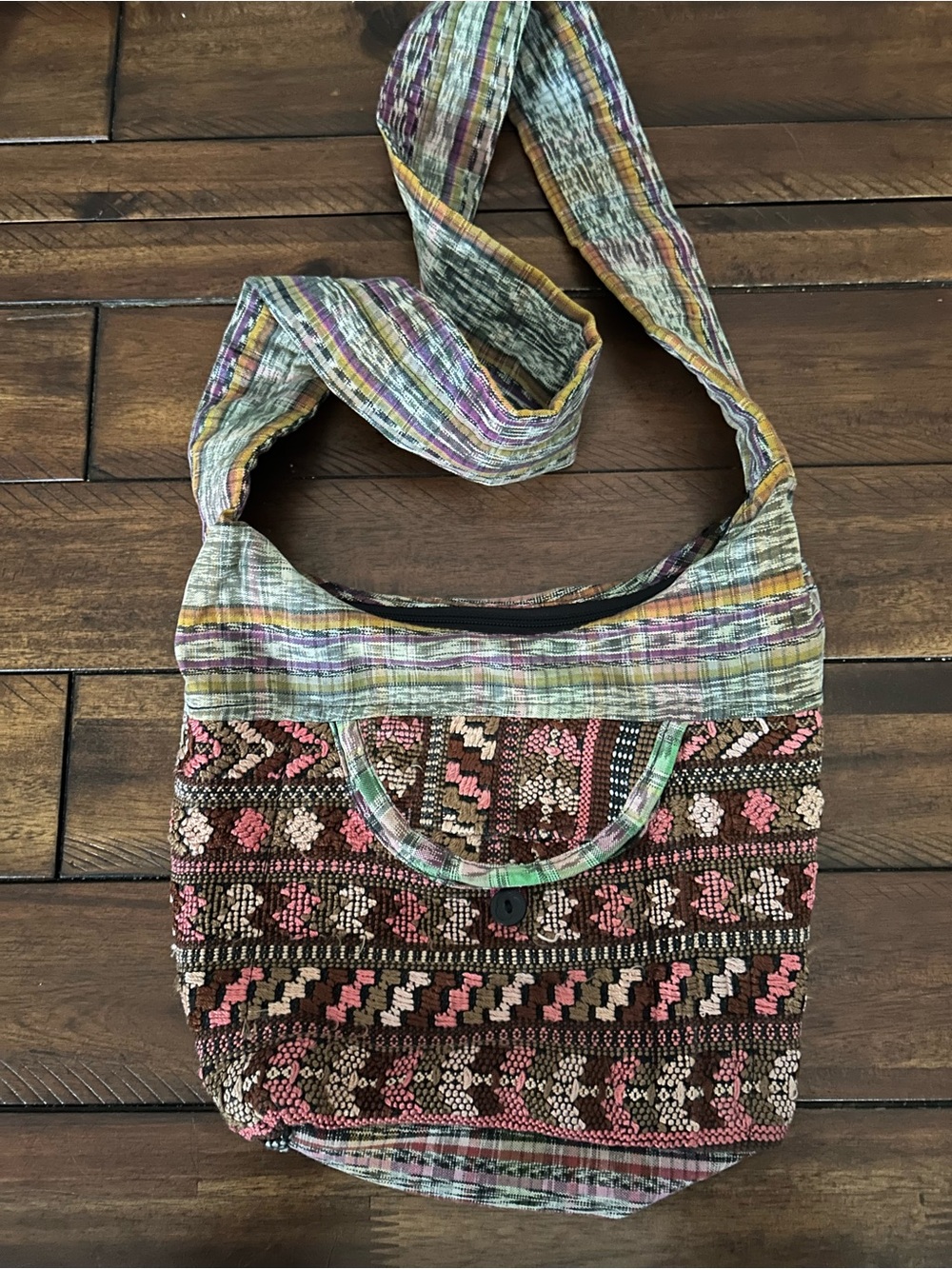 Boho Woven Ikat Hobo Sling Bag Embroidered Front Pocket Festival shoulder bag